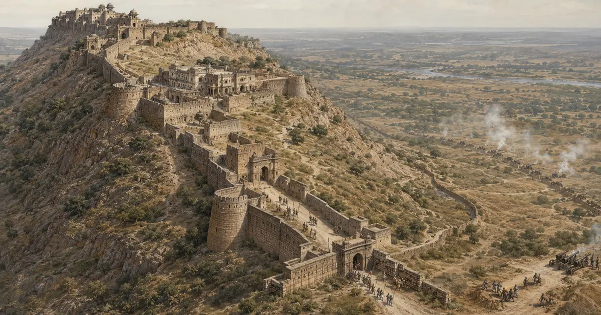 1528 में चंदेरी किले की पहाड़ी रक्षा दीवार द्वार और मुगल घेराबंदी